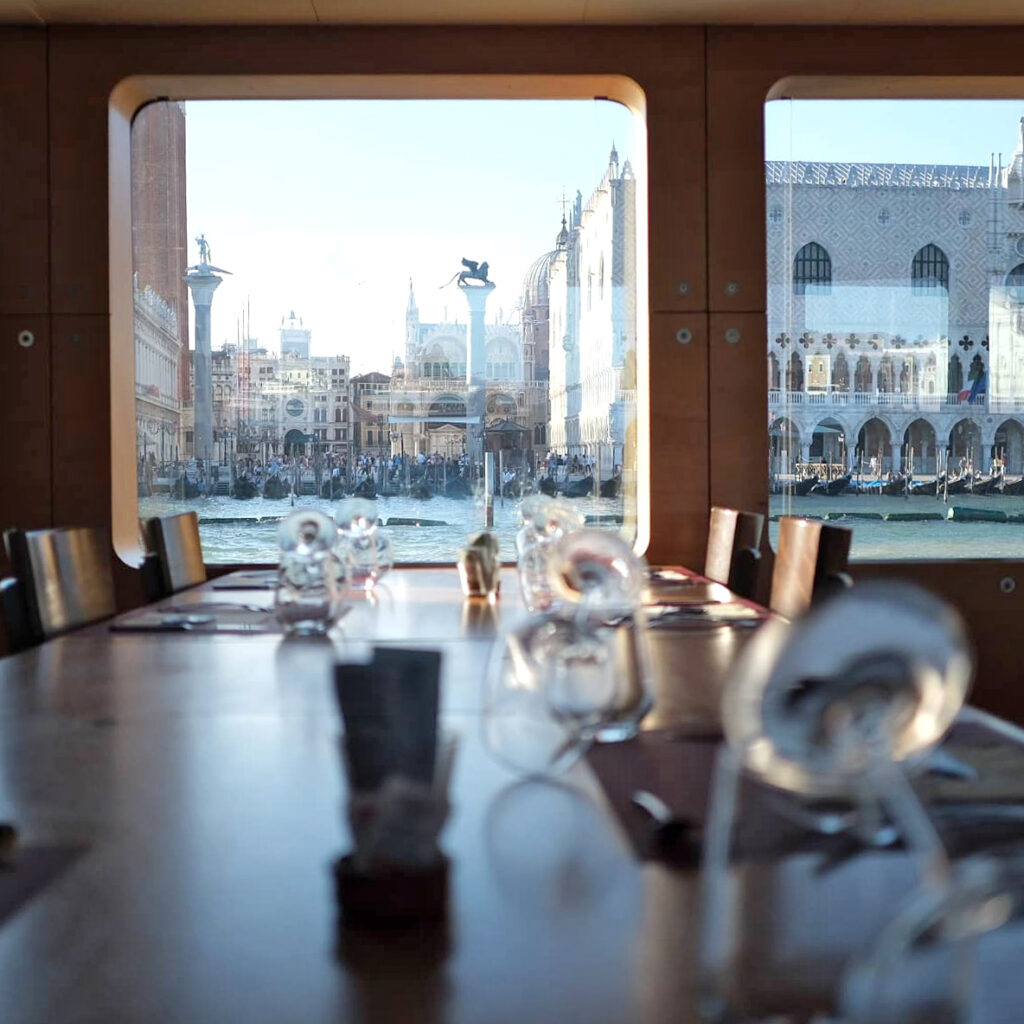 Set table overlooking St. Mark's Square in Venice.