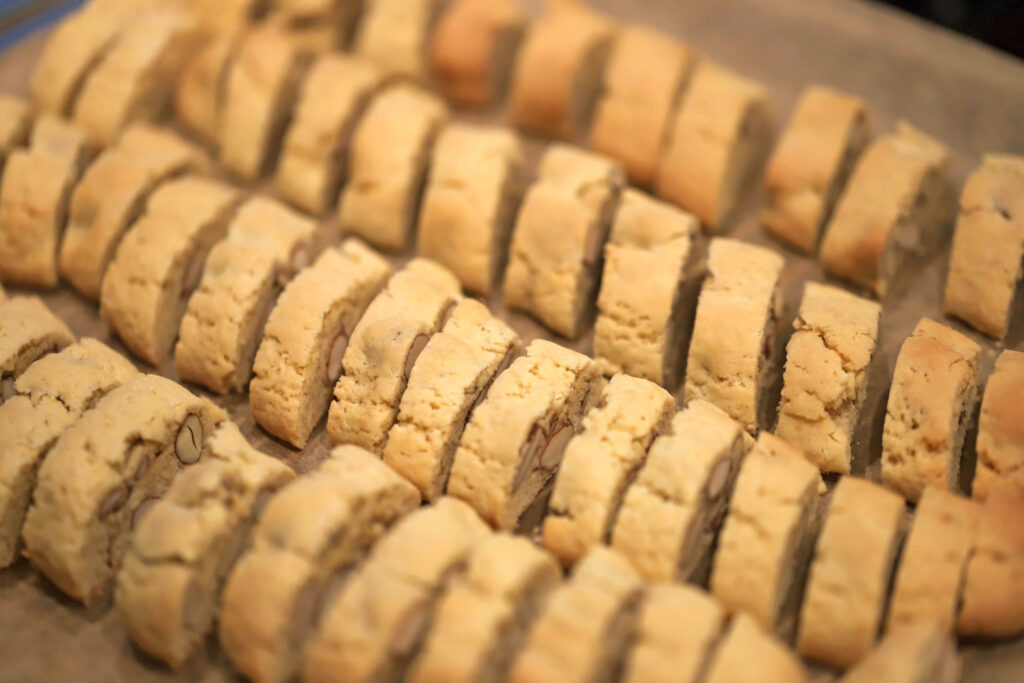 Traditional Tuscan biscuits, cantucci, served on a table.